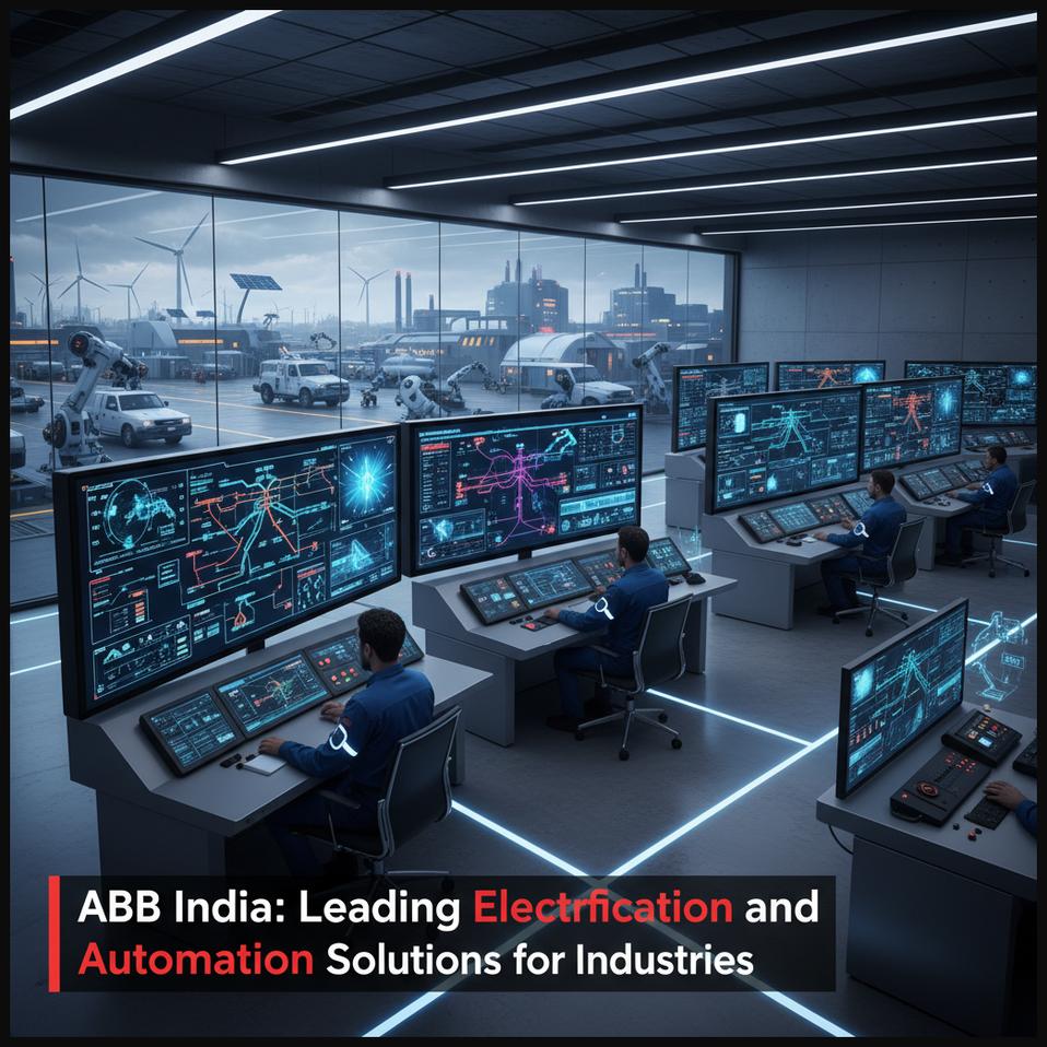 An advanced control room monitoring industrial electrification and automation systems, representing ABB India's leadership.