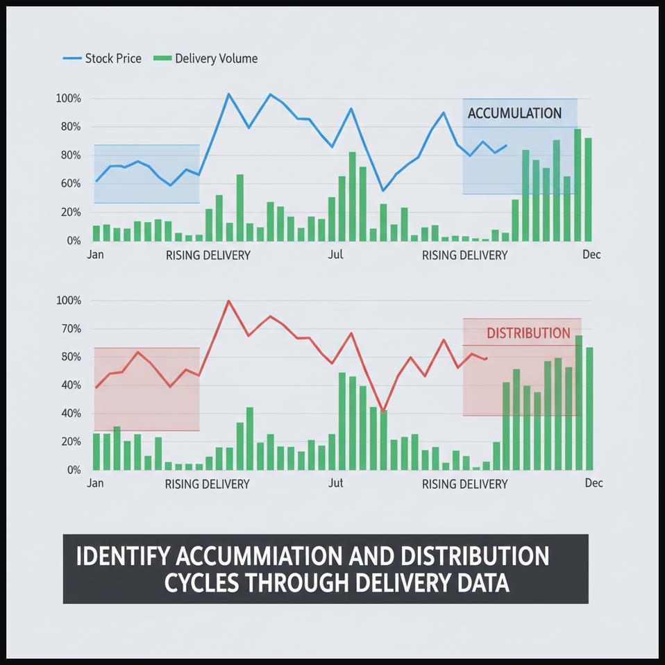 Stock chart illustrating accumulation and distribution cycles with price and volume indicators.