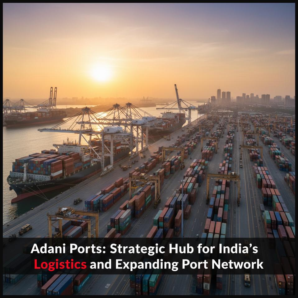 A busy modern container port with ships and cranes, symbolizing Adani Ports' strategic logistics role.