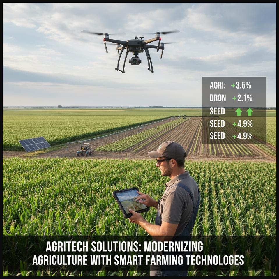 A farmer using a tablet for smart farming in a modern agricultural field, with a drone, representing an AgriTech solutions company modernizing agriculture with technology.