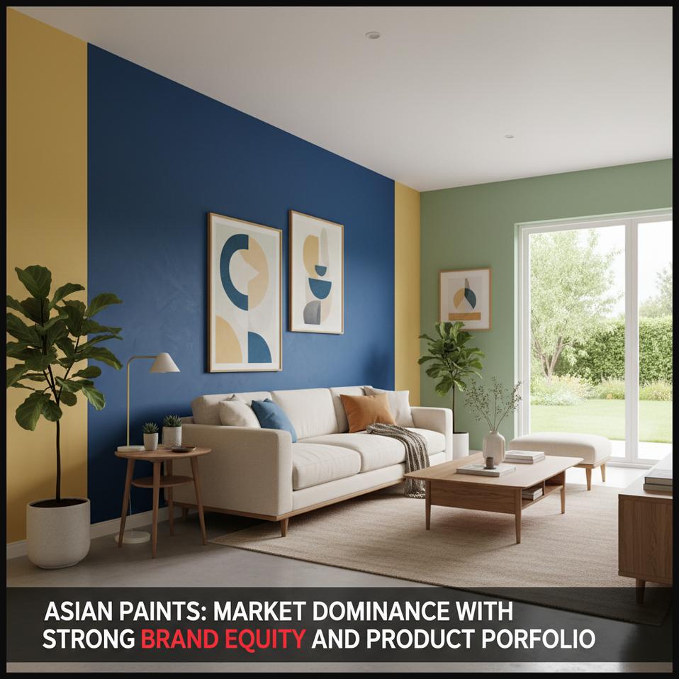 A beautifully painted modern living room, representing Asian Paints' market leadership and strong brand.