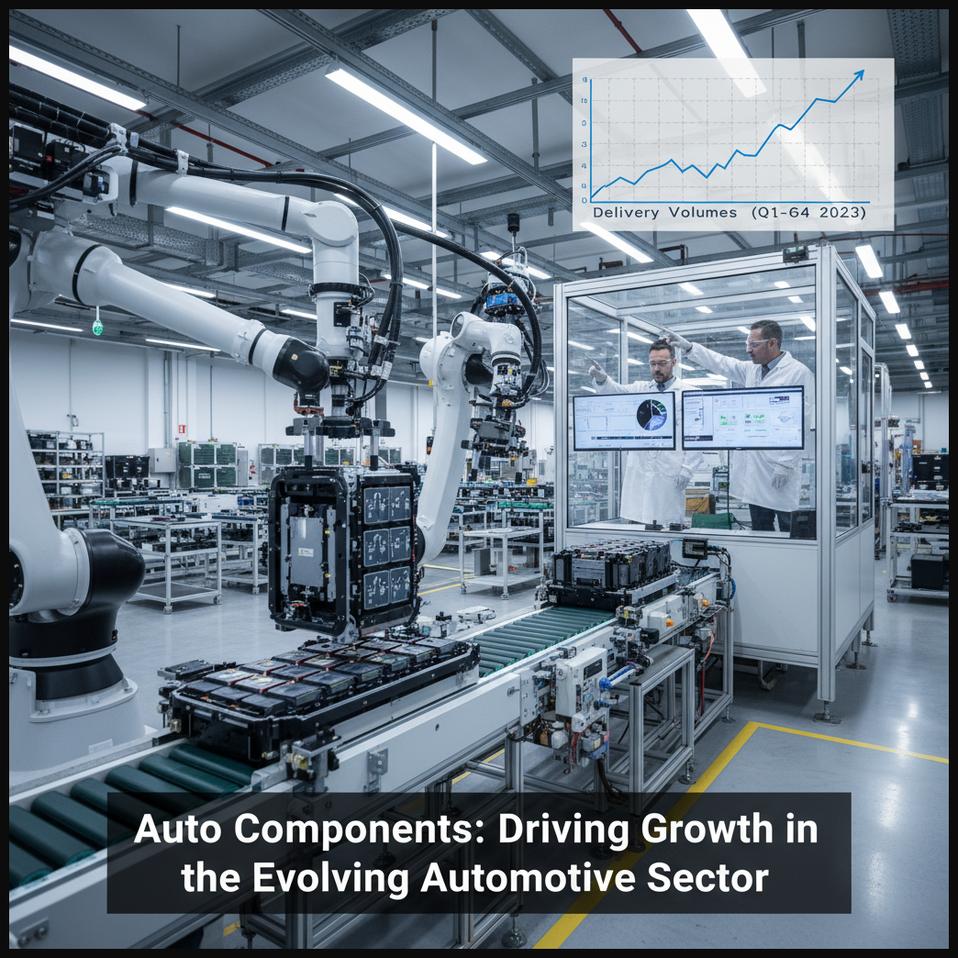 Automotive factory floor showing the production of electric vehicle components, representing an auto components company driving growth in the automotive sector with strong delivery volumes.