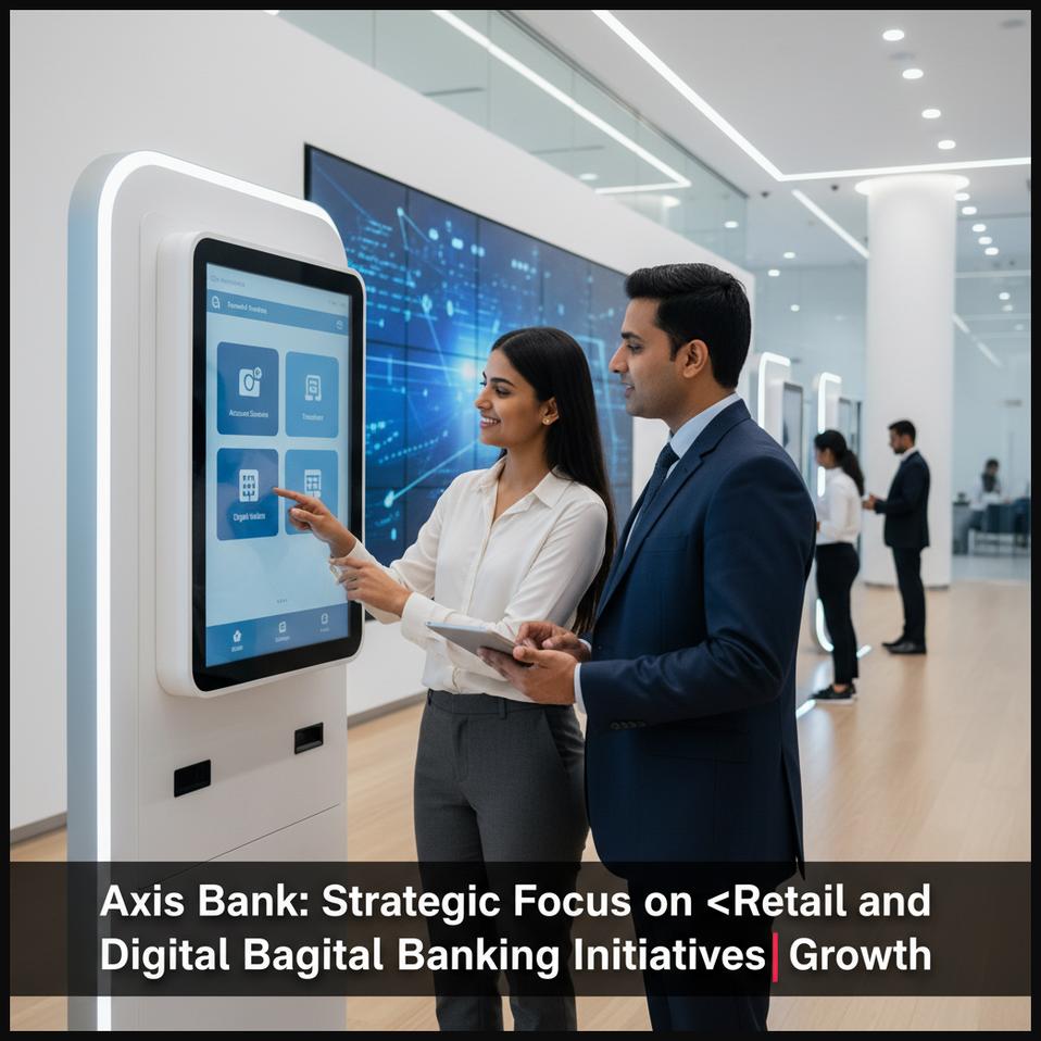 A customer interacting with a digital banking kiosk in a modern bank lobby, symbolizing Axis Bank's digital focus.