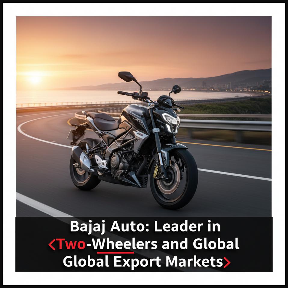 A modern Bajaj motorcycle parked stylishly, representing Bajaj Auto's leadership in two-wheelers and exports.