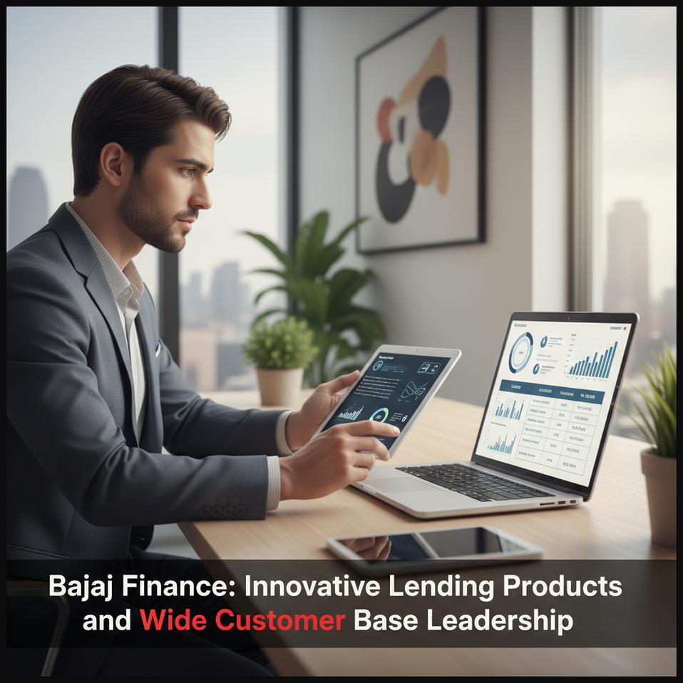 A person reviewing digital financial products on a tablet, symbolizing Bajaj Finance's innovative lending and customer base.