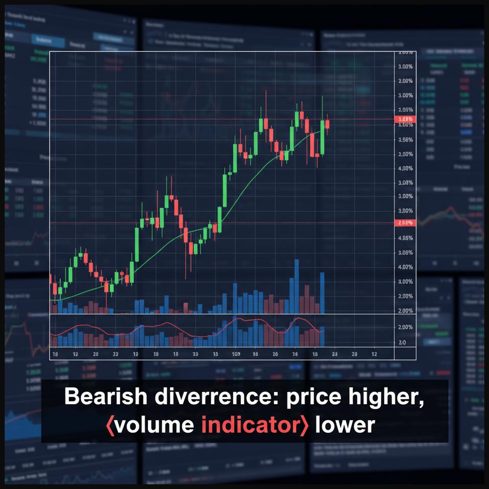 Stock chart illustrating a bearish divergence where price makes higher highs but delivery volume indicator shows lower highs.
