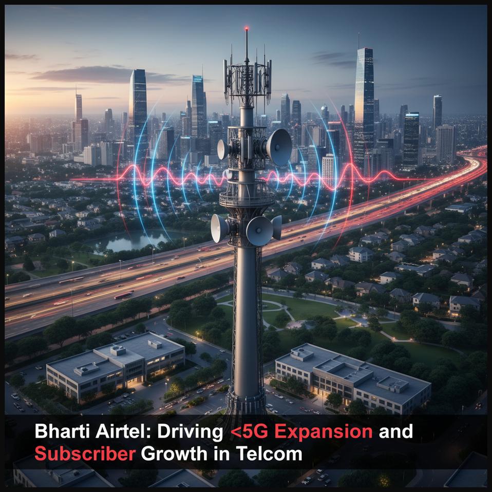A modern telecommunication tower with indicators of 5G network expansion, representing Bharti Airtel's growth in telecom.