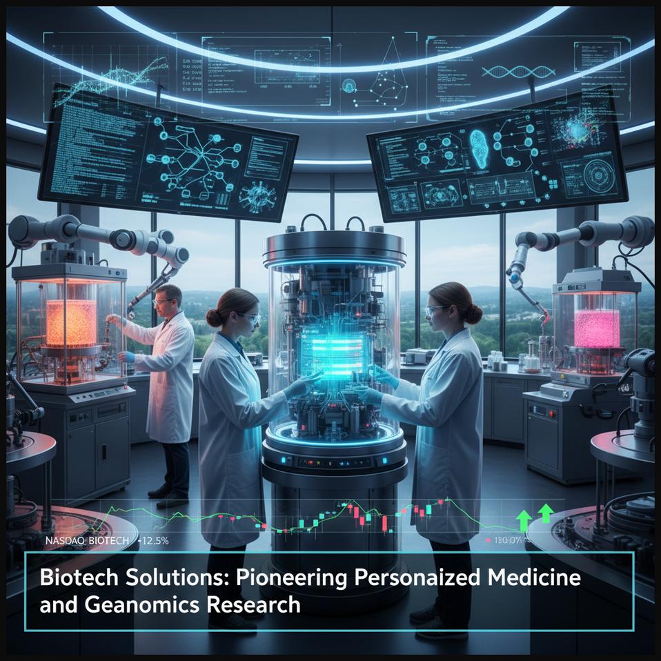 Scientists in a biotech lab working with DNA sequencers, symbolizing a biotech solutions hub pioneering personalized medicine and genomics research.
