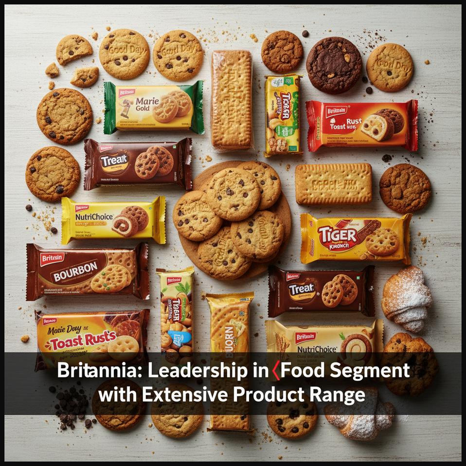 An appetizing display of popular biscuits and bakery items, representing Britannia Industries' leadership in the food segment.