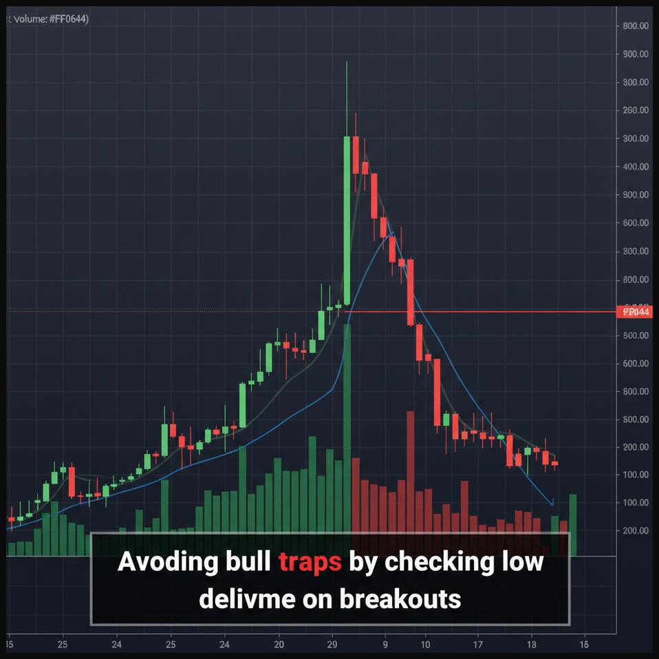 Stock chart illustrating a bull trap with a false breakout above resistance, characterized by low delivery volume.