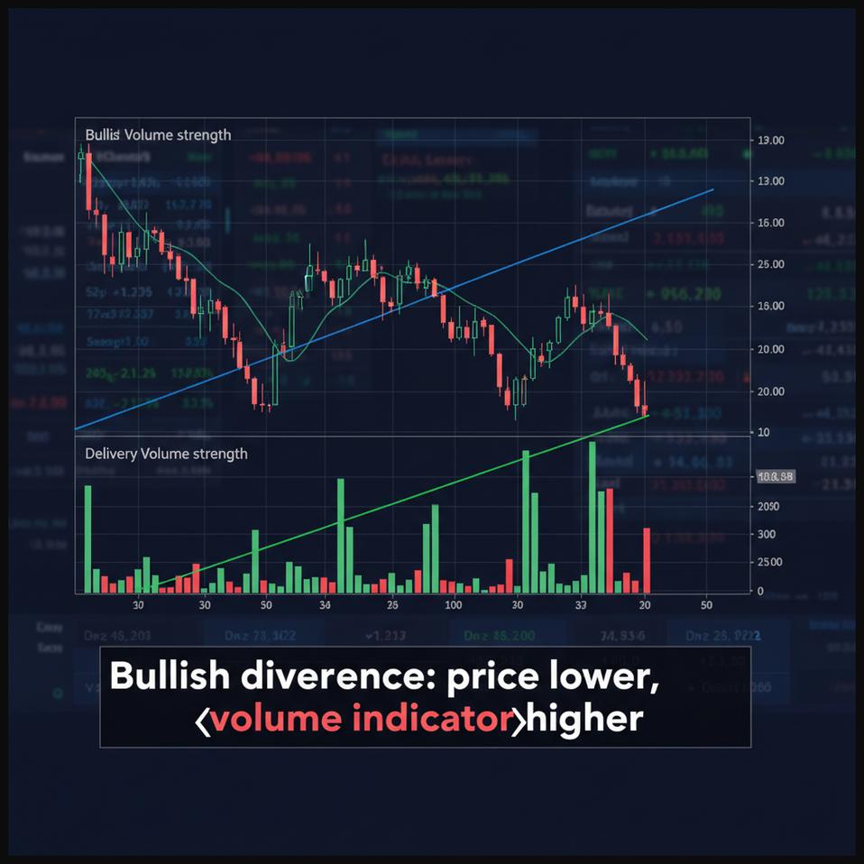 Stock chart illustrating a bullish divergence where price makes lower lows but delivery volume indicator shows higher lows.