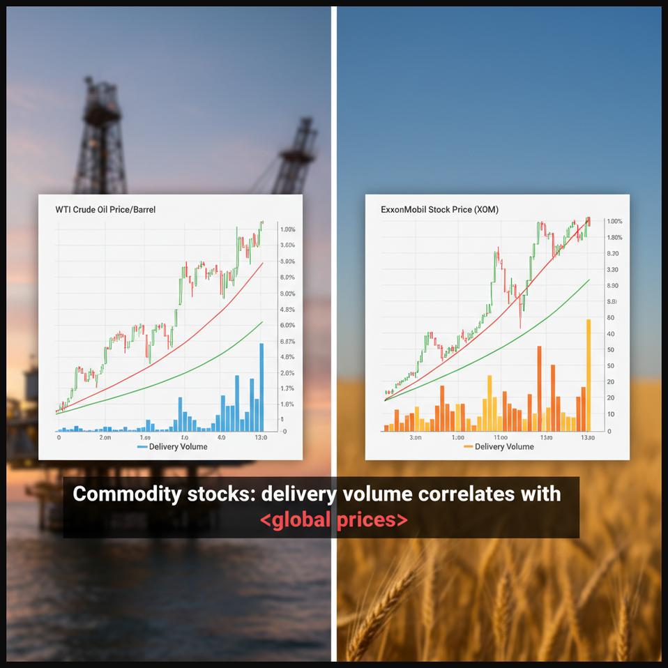 Image showing correlation between commodity prices and delivery volume patterns in commodity-related stocks.