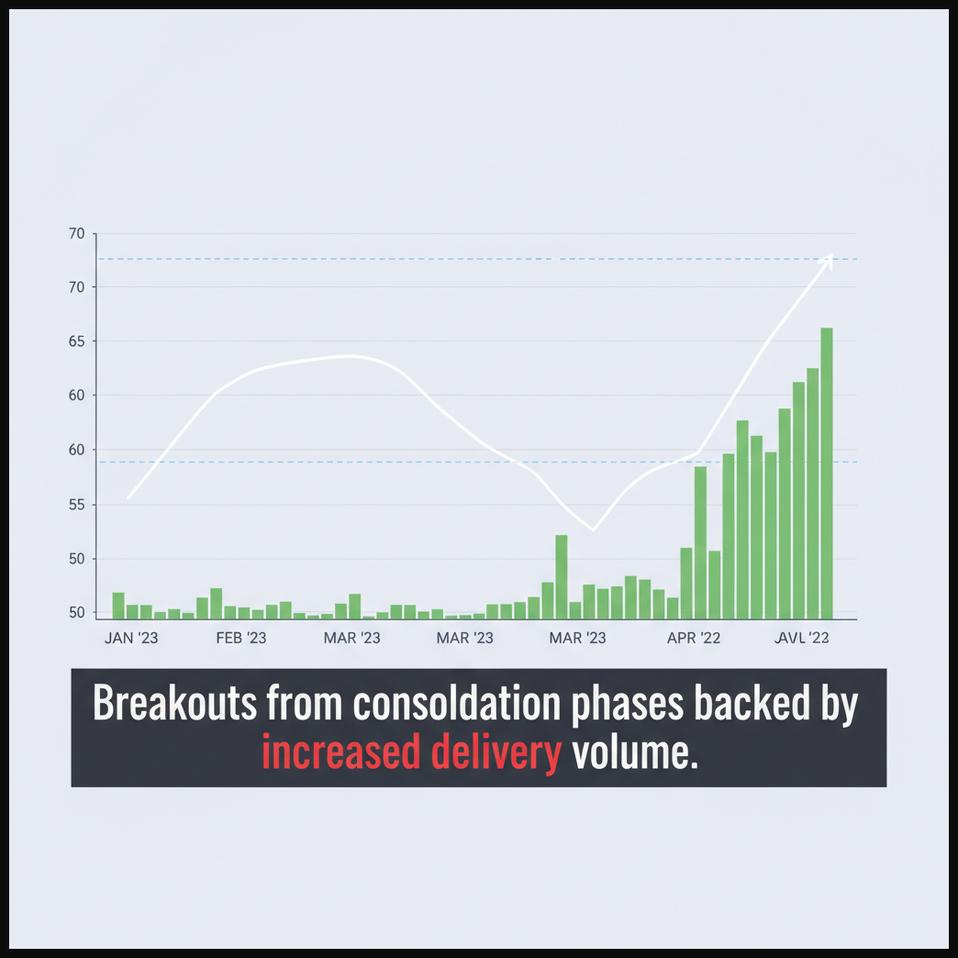Stock chart showing a price breaking out of a consolidation pattern, backed by high delivery volume.