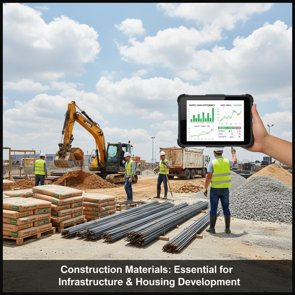 Construction site with various building materials such as cement and steel, representing a construction materials company essential for infrastructure and housing development.