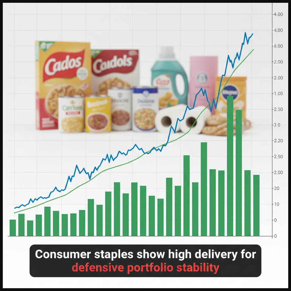 Stock chart of a consumer staples stock showing stable price and consistent high delivery volume, indicating defensive stability.