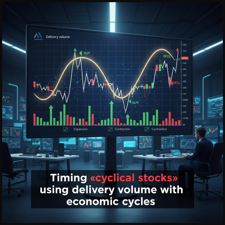 Stock chart showing cyclical stock performance and delivery volume correlating with different phases of economic cycles.