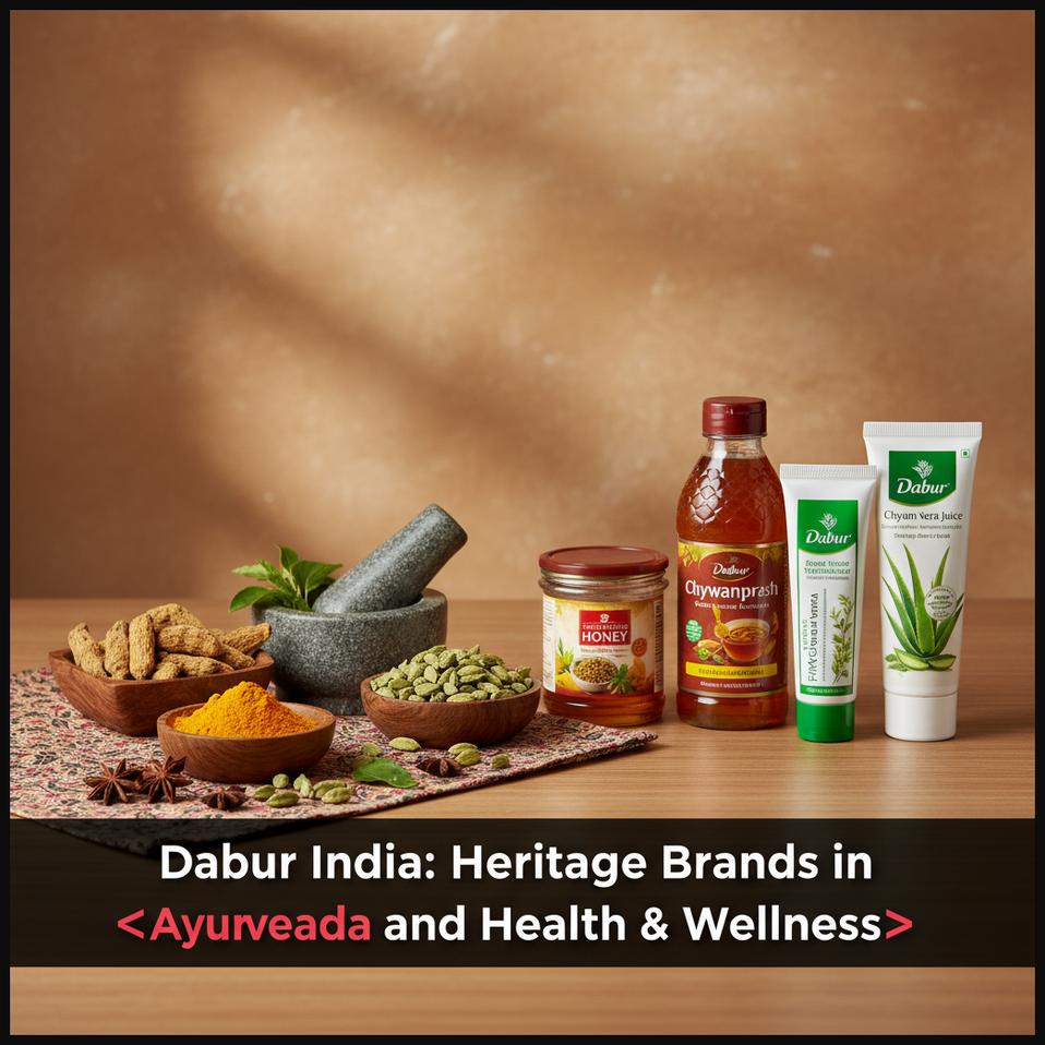 A blend of natural Ayurvedic ingredients and modern health and wellness products, representing Dabur India's heritage.