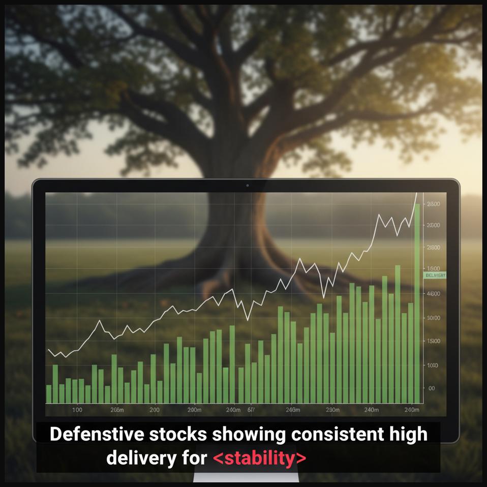 Stock chart of a defensive stock with stable price and consistent high delivery volume, indicating safety and reliability.