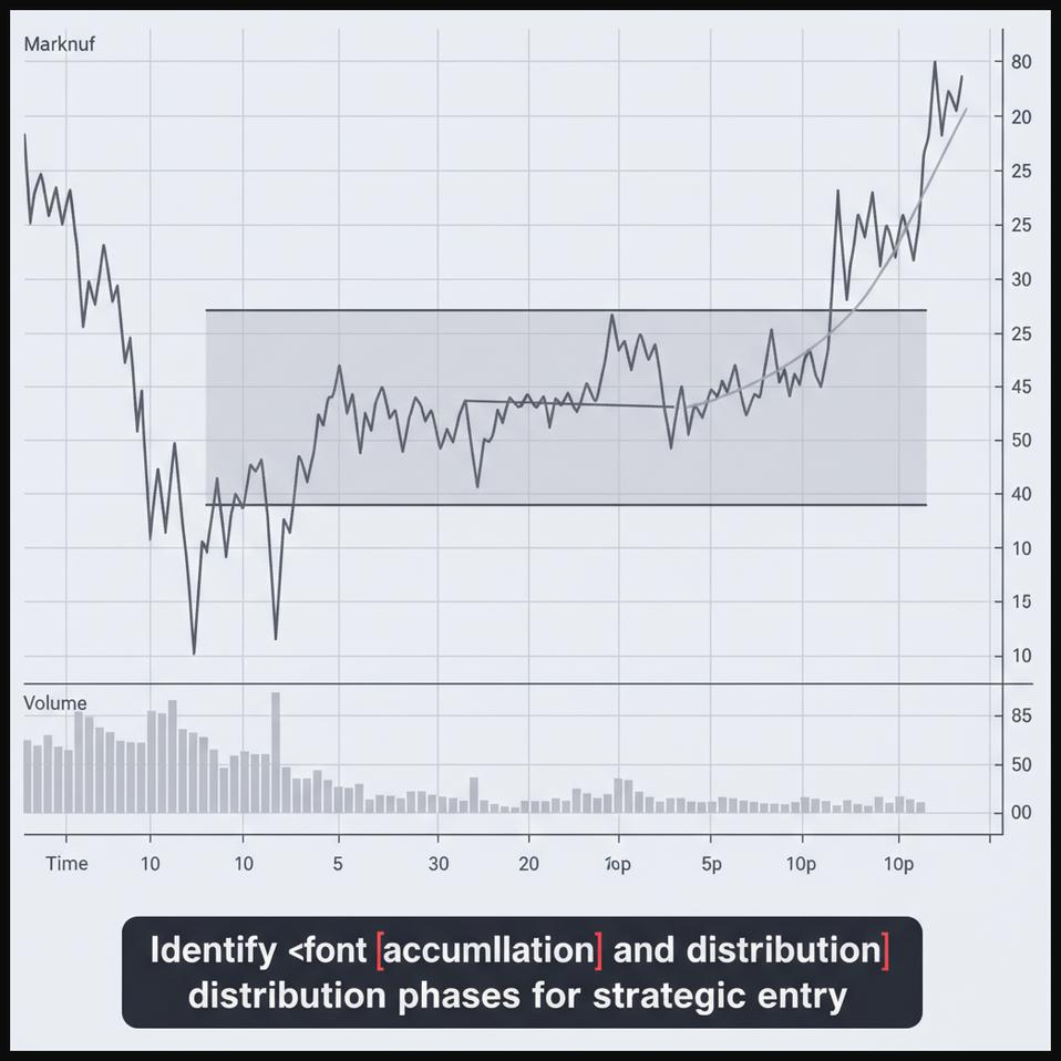 Stock chart demonstrating the accumulation phase after a downtrend, showing sideways price movement with increased volume at lower price points, followed by an uptrend.