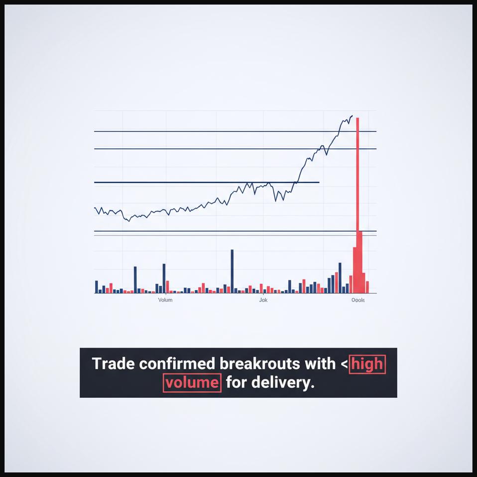Stock price chart demonstrating a clear upward breakout above a resistance level, confirmed by a dramatic increase in trading volume shown on a separate bar chart.