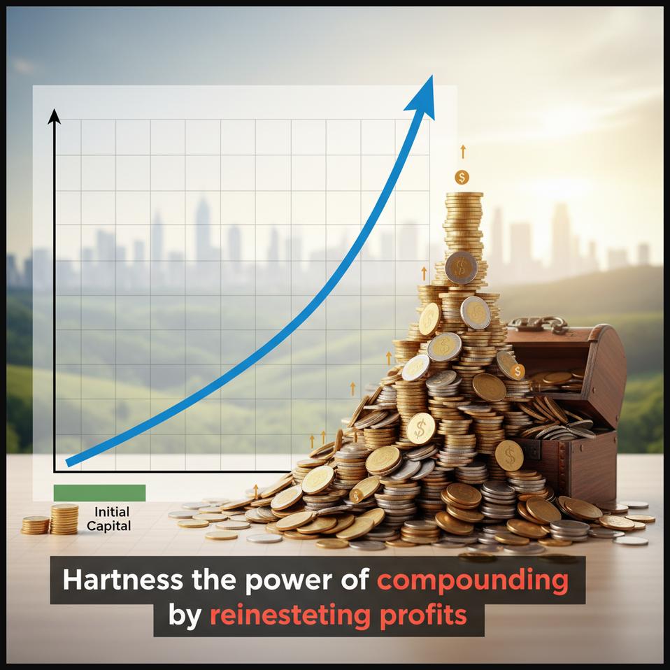 An exponential growth curve on a chart, with a small initial investment growing into a large sum, illustrating the powerful effect of compounding through reinvestment.