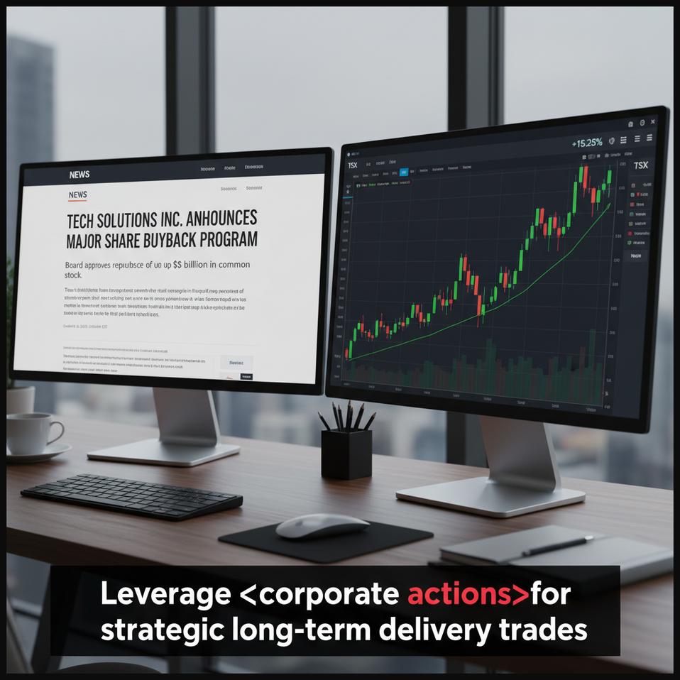 A news headline on a screen announcing a corporate action like a share buyback, with a stock chart showing a positive price movement, illustrating action-driven trades.