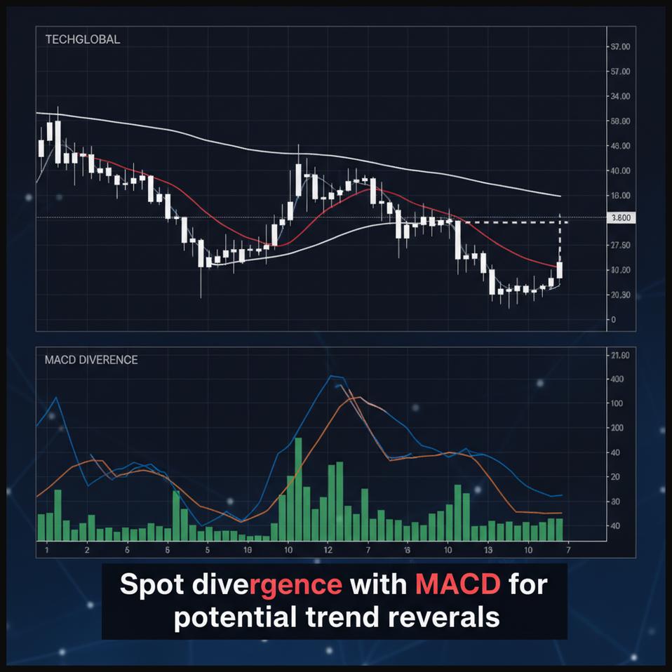 Stock chart showing bullish divergence, where the price makes lower lows while the MACD indicator makes higher lows, suggesting a potential trend reversal.