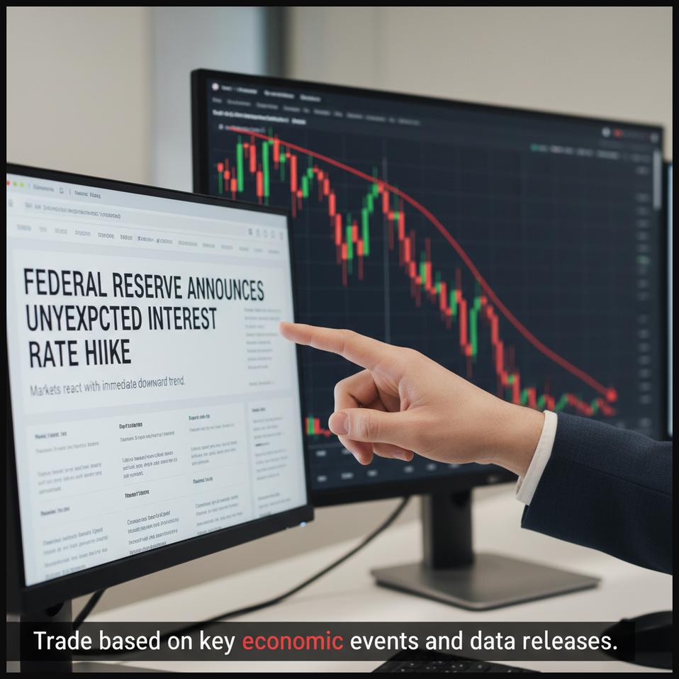 A financial news headline about an interest rate decision, with a stock chart reacting to the news in the background, illustrating economic event-driven trading.