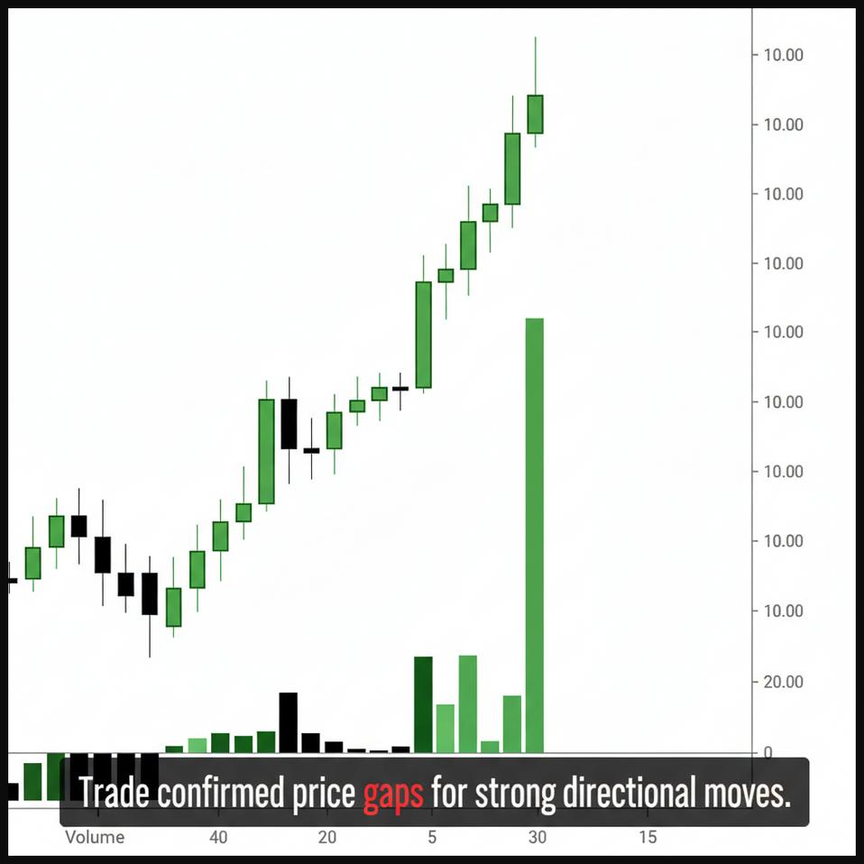 Stock chart showing a significant 'gap up' between candlesticks, confirmed by a large spike in trading volume below, indicating strong bullish sentiment.