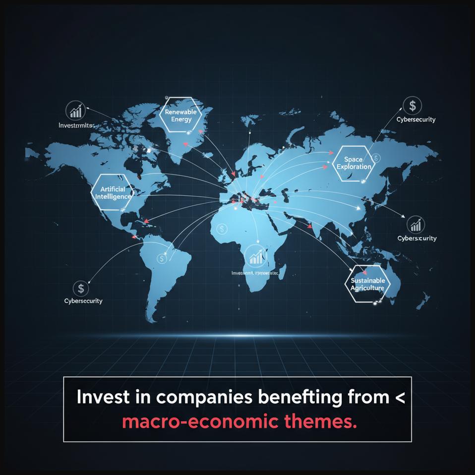 A world map with highlighted regions and industries, illustrating investment opportunities driven by long-term macro-economic themes like renewable energy and AI.