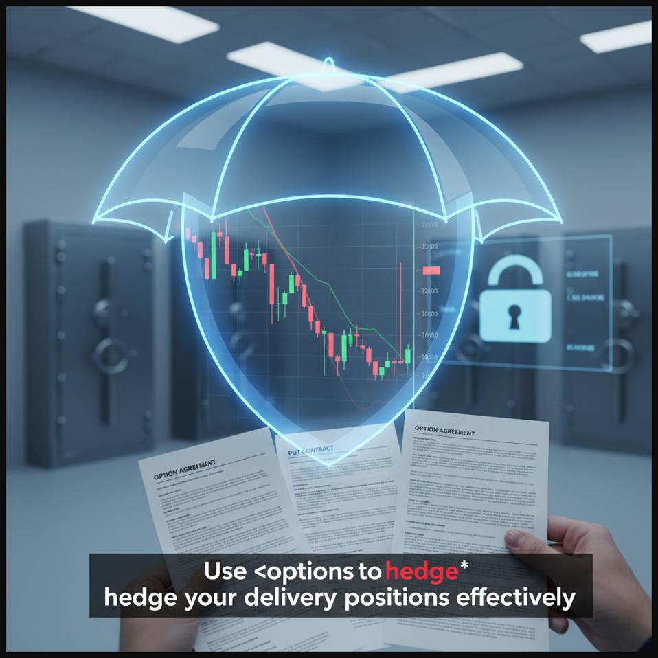 A stylized shield covering a stock chart, with options contracts in the foreground, symbolizing the use of options for hedging delivery positions.