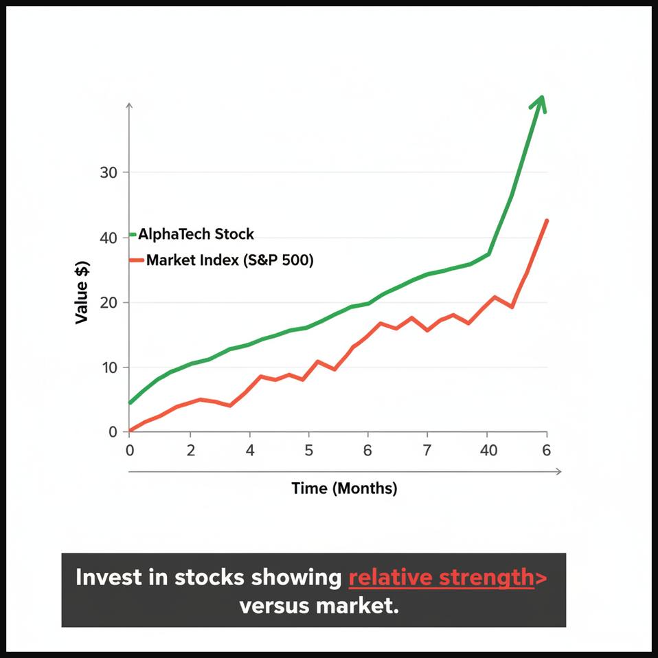Line graph illustrating a stock's price performance clearly outperforming a market index, demonstrating strong relative strength.