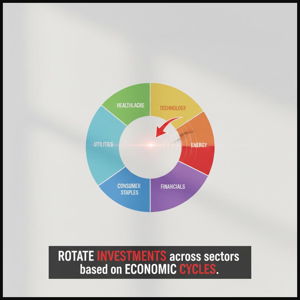 An illustrative pie chart showing different economic sectors, with one sector highlighted, representing the strategy of rotating investments between sectors.