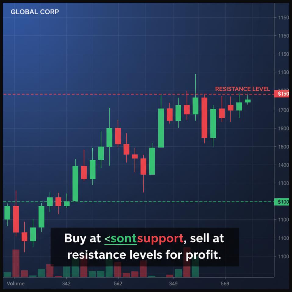 Stock chart depicting price action oscillating between clearly marked horizontal support and resistance levels, illustrating bounce trading strategies.