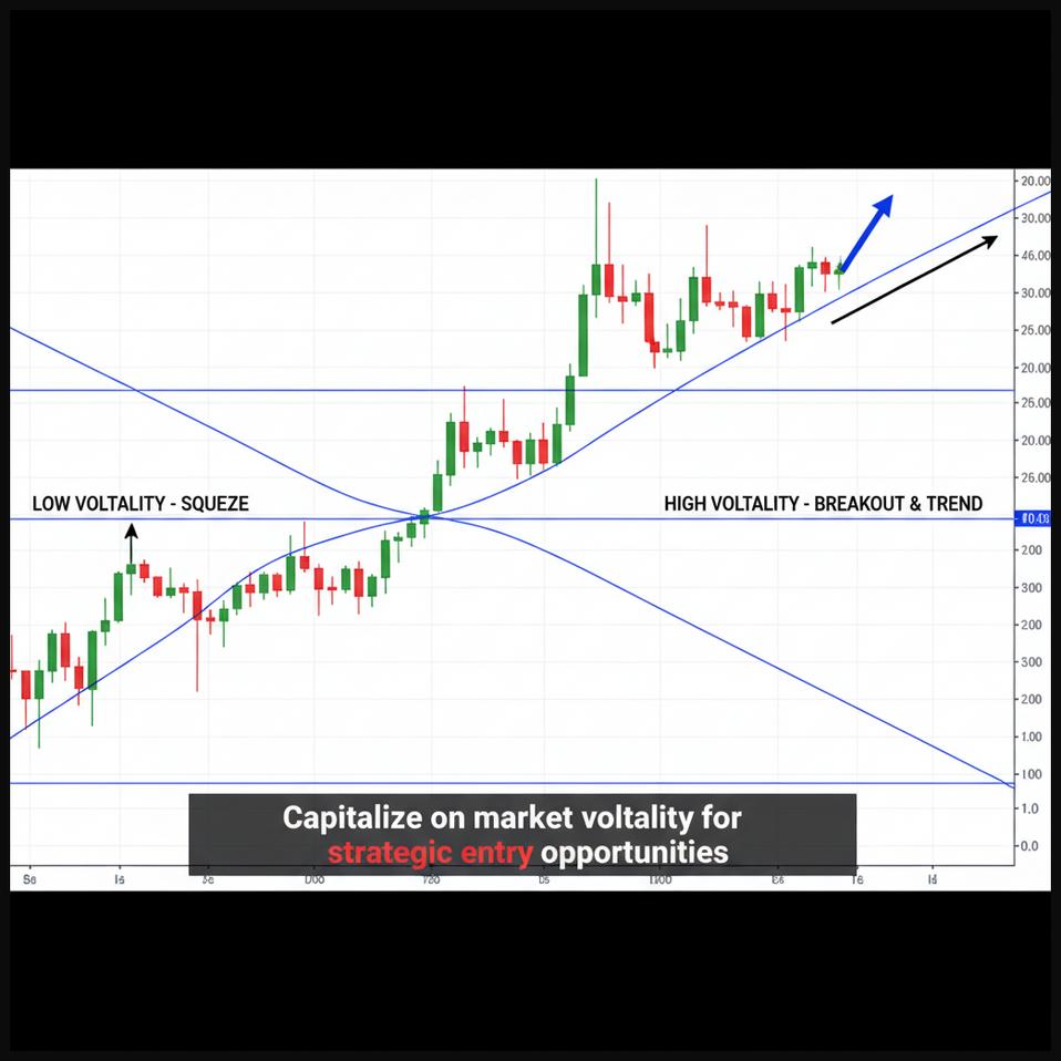 Stock chart illustrating Bollinger Bands narrowing (squeeze) before a decisive price breakout and subsequent widening (expansion), indicating volatility-based entries.