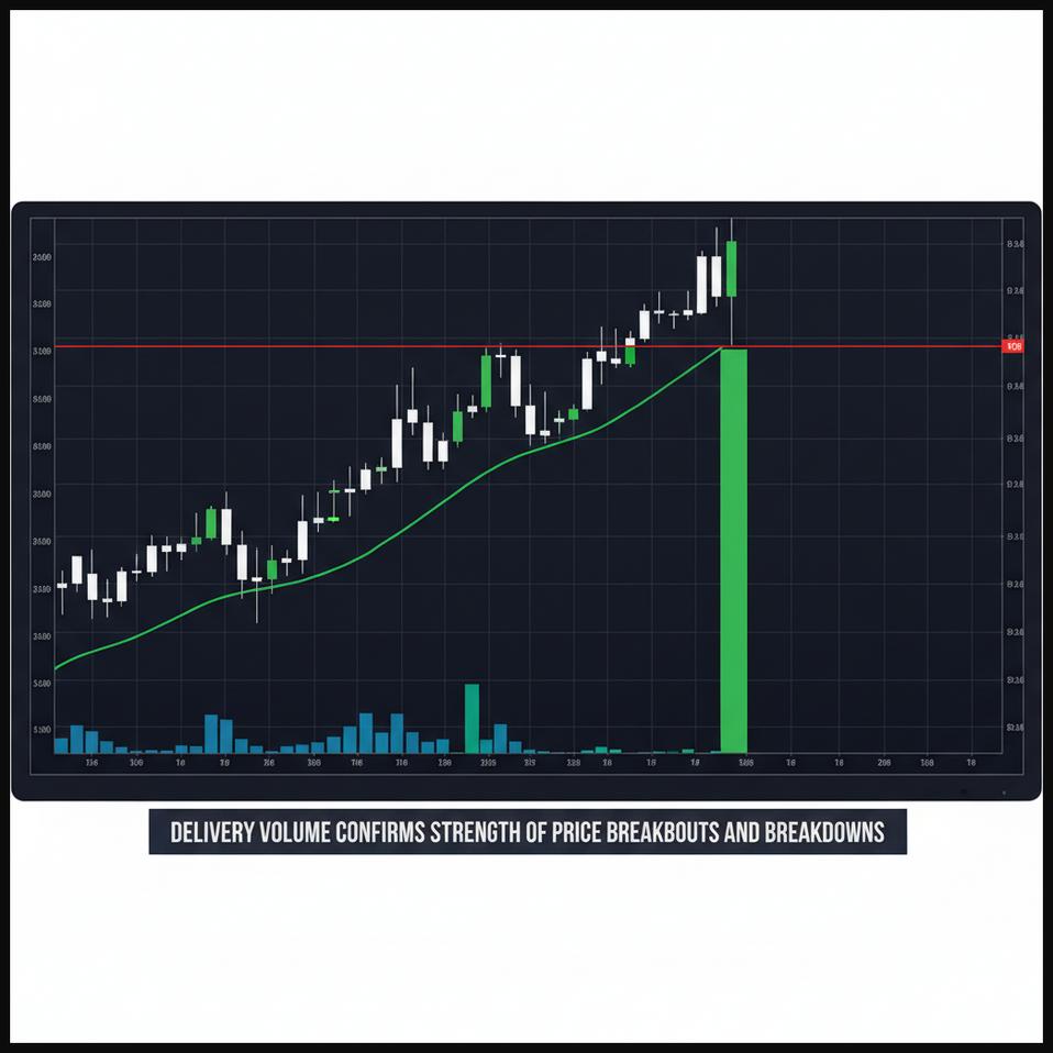 Stock chart illustrating a price breakout with a corresponding high spike in delivery volume.