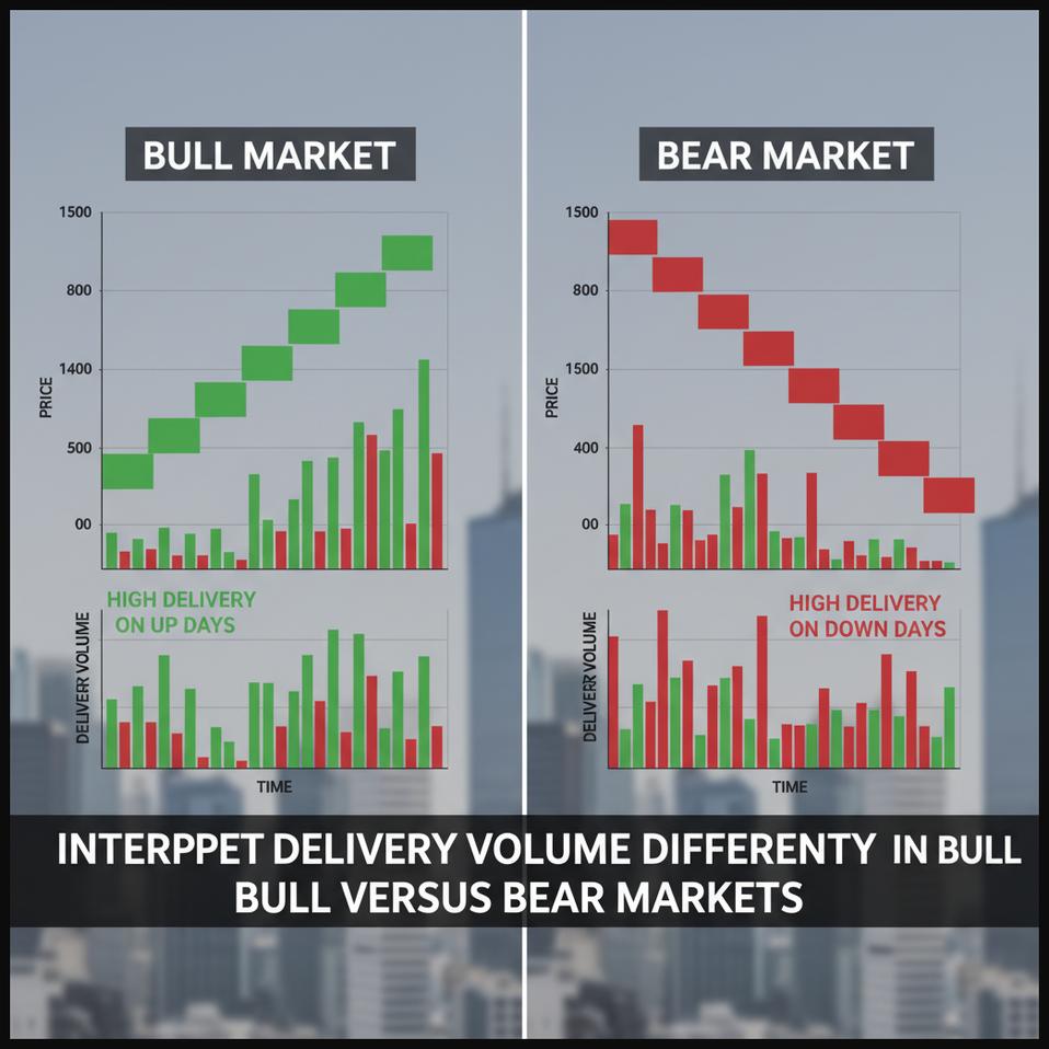 Split image showing distinct delivery volume interpretations for bull and bear market phases.