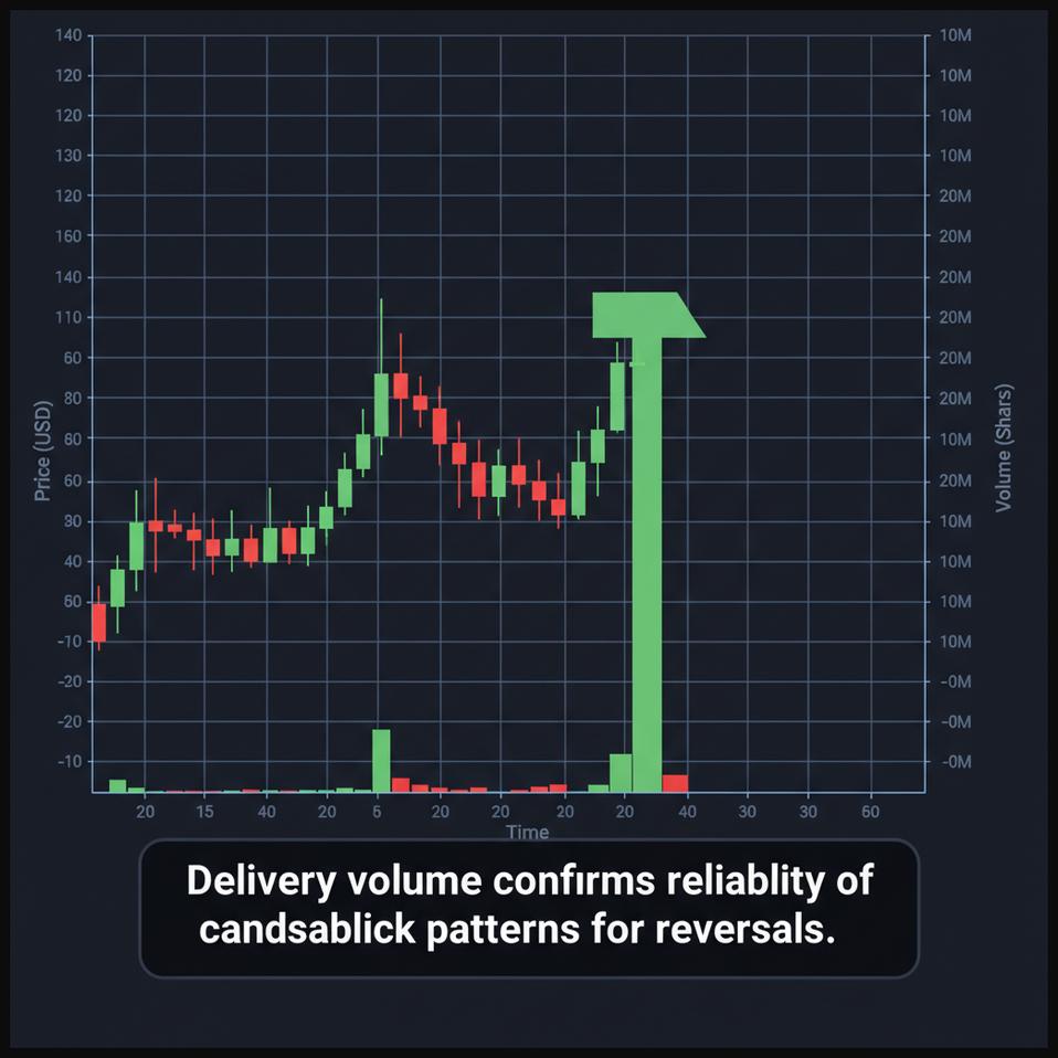 Stock chart showing a bullish candlestick pattern accompanied by a significant increase in delivery volume.