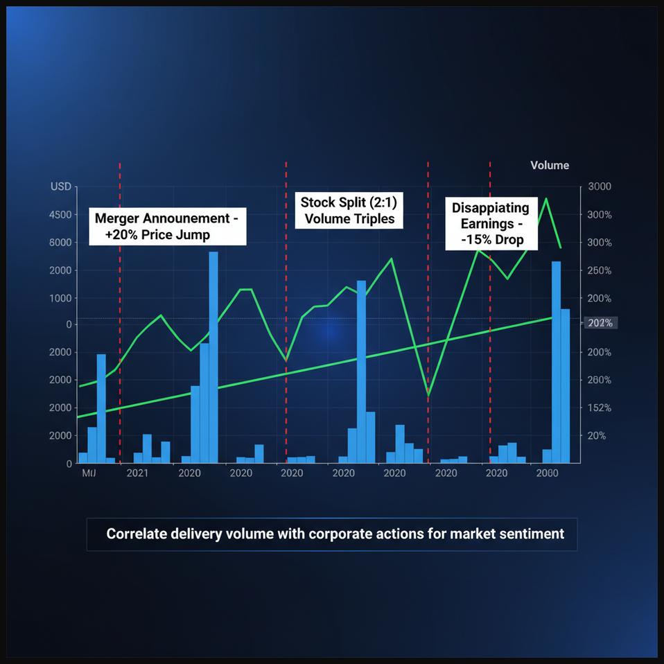 Stock chart showing changes in delivery volume following a corporate action announcement.