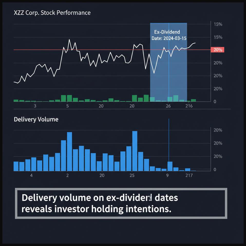 Stock chart displaying delivery volume around an ex-dividend date, indicating investor behavior.