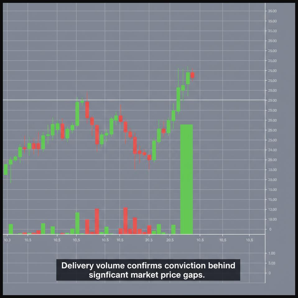 Stock chart illustrating a market price gap (up or down) with strong corresponding delivery volume.