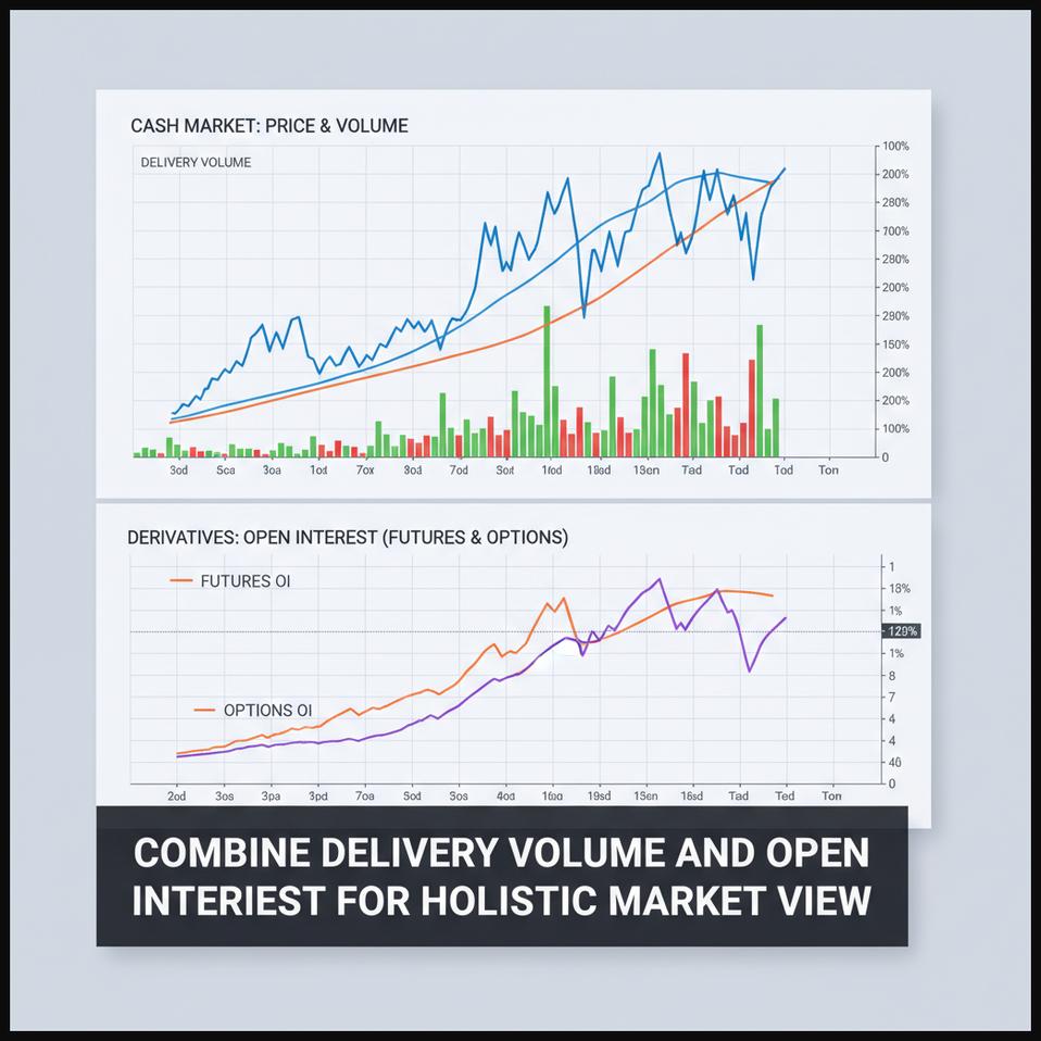 Dual charts showing delivery volume in the cash market and open interest in futures and options.