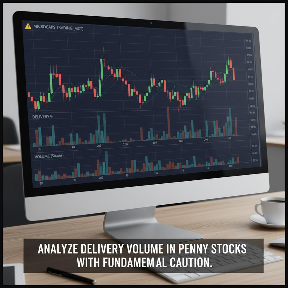 Stock chart for a penny stock showing volatile price action and a specific increase in delivery volume.