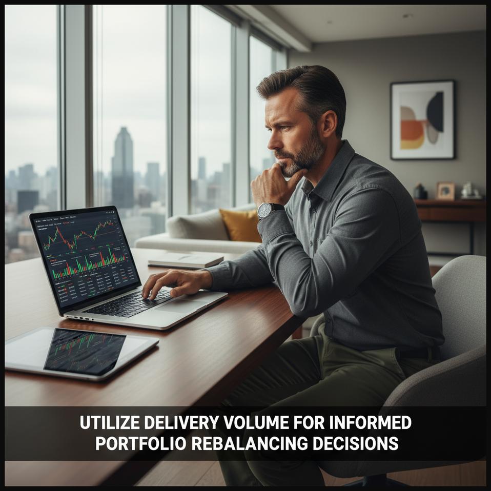 Investor reviewing a digital portfolio with stock charts showing delivery volume trends for rebalancing.