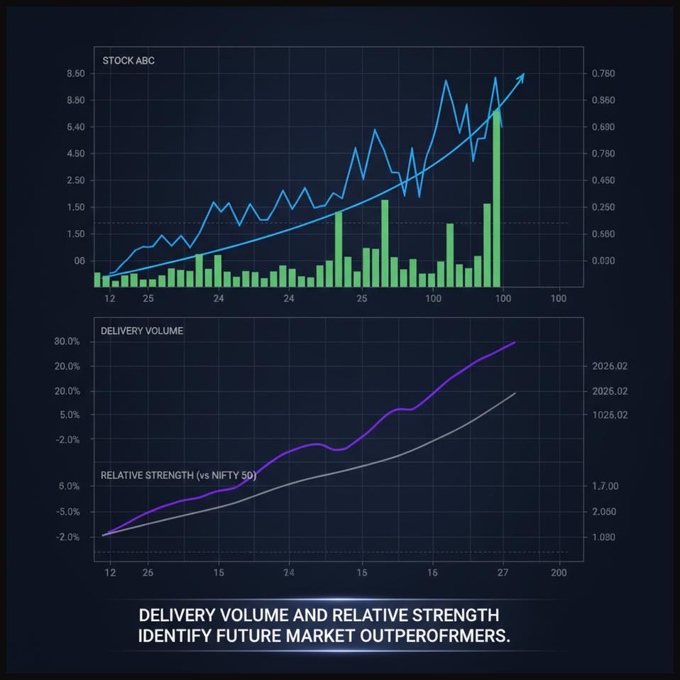 Charts illustrating stock delivery volume alongside its relative strength compared to the broader market.