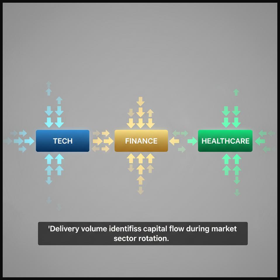 Visual representation of capital moving between different market sectors based on delivery volume trends.