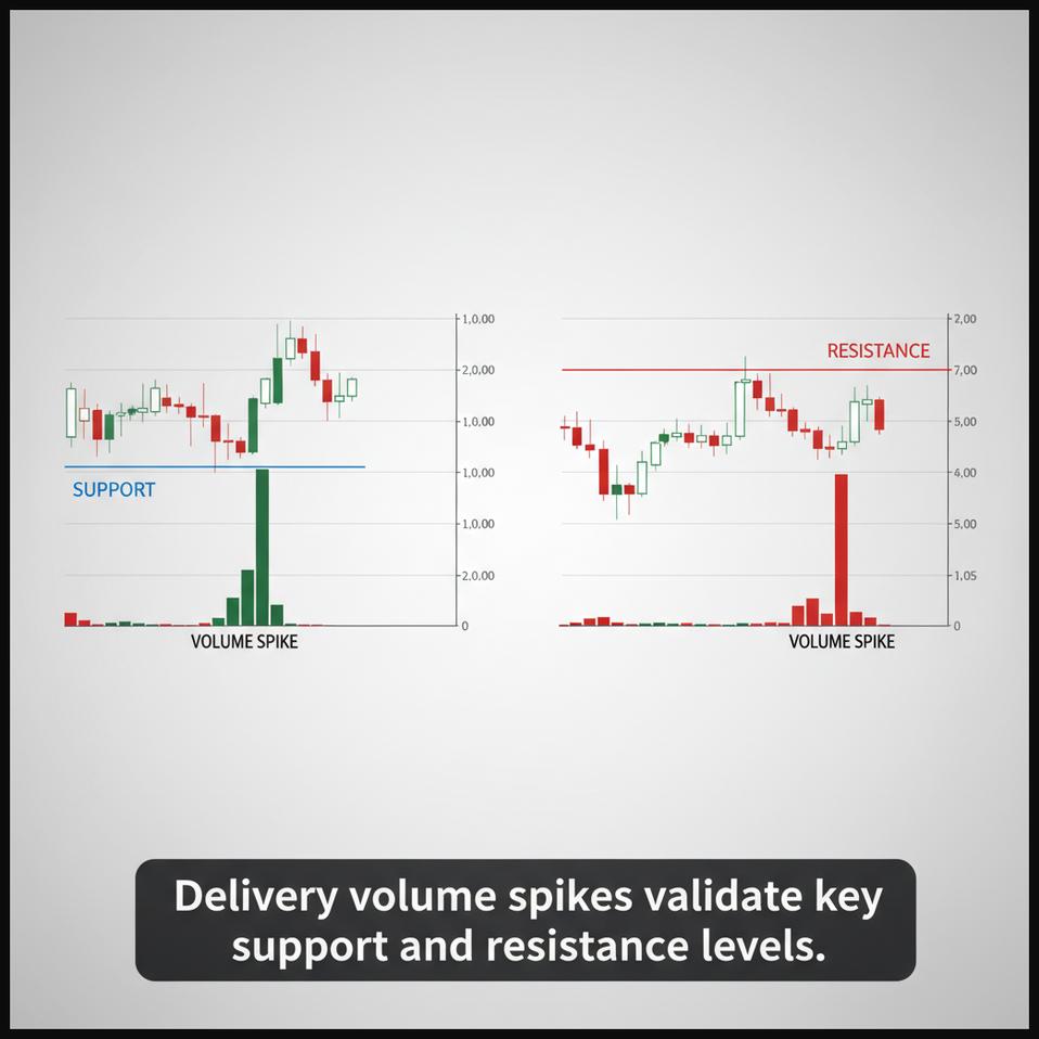 Stock chart showing delivery volume spikes occurring at important support and resistance levels.