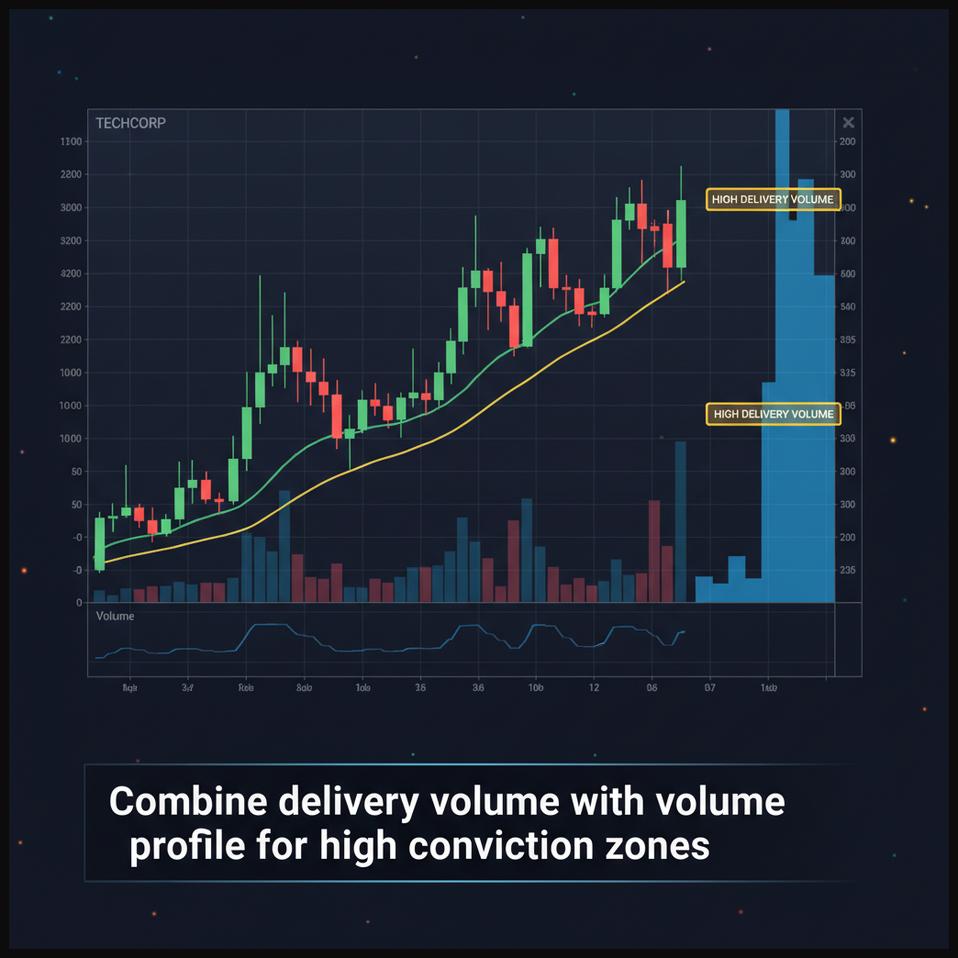 Stock chart displaying a volume profile with highlighted zones of high delivery volume.