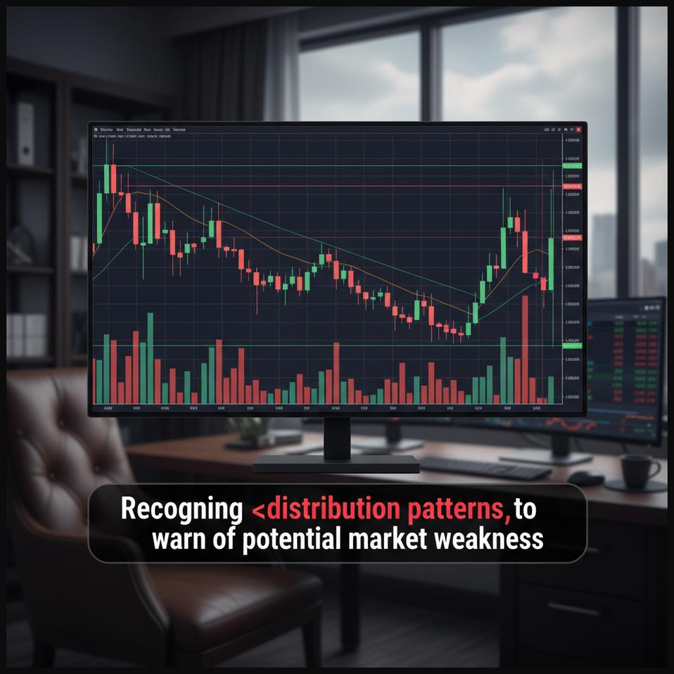 Stock chart displaying a distribution pattern with high delivery volume on down days, indicating selling pressure.