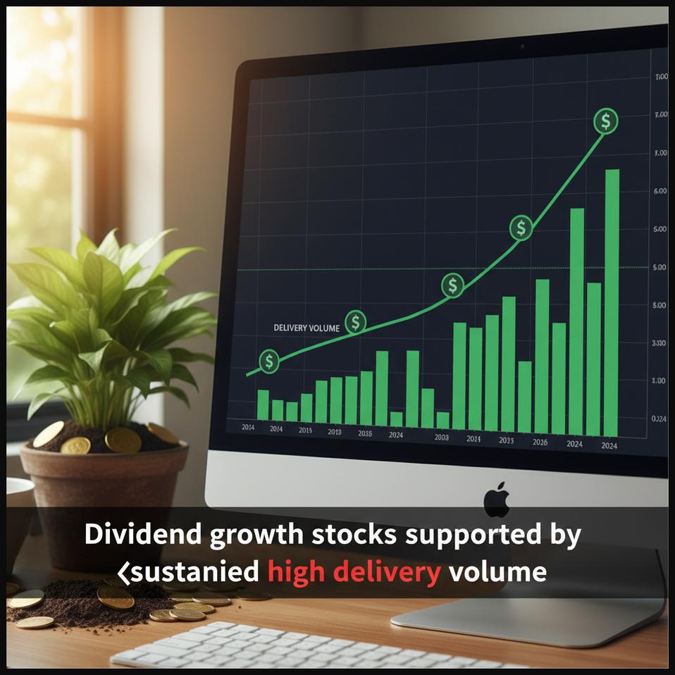 Stock chart showing dividend growth with consistent high delivery volume, indicating investor confidence in a company's financial health.